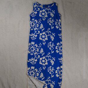 Vintage Hawaiian Shift dress, sleeveless blue white floral dress side slits M